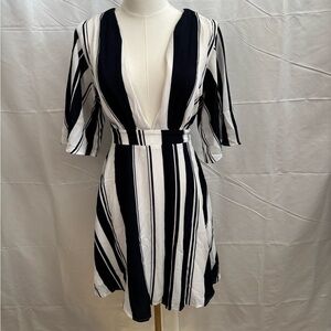 Charlotte Russe Black & White Striped Dress Small | V Neck Tie Waist Flowy Mini